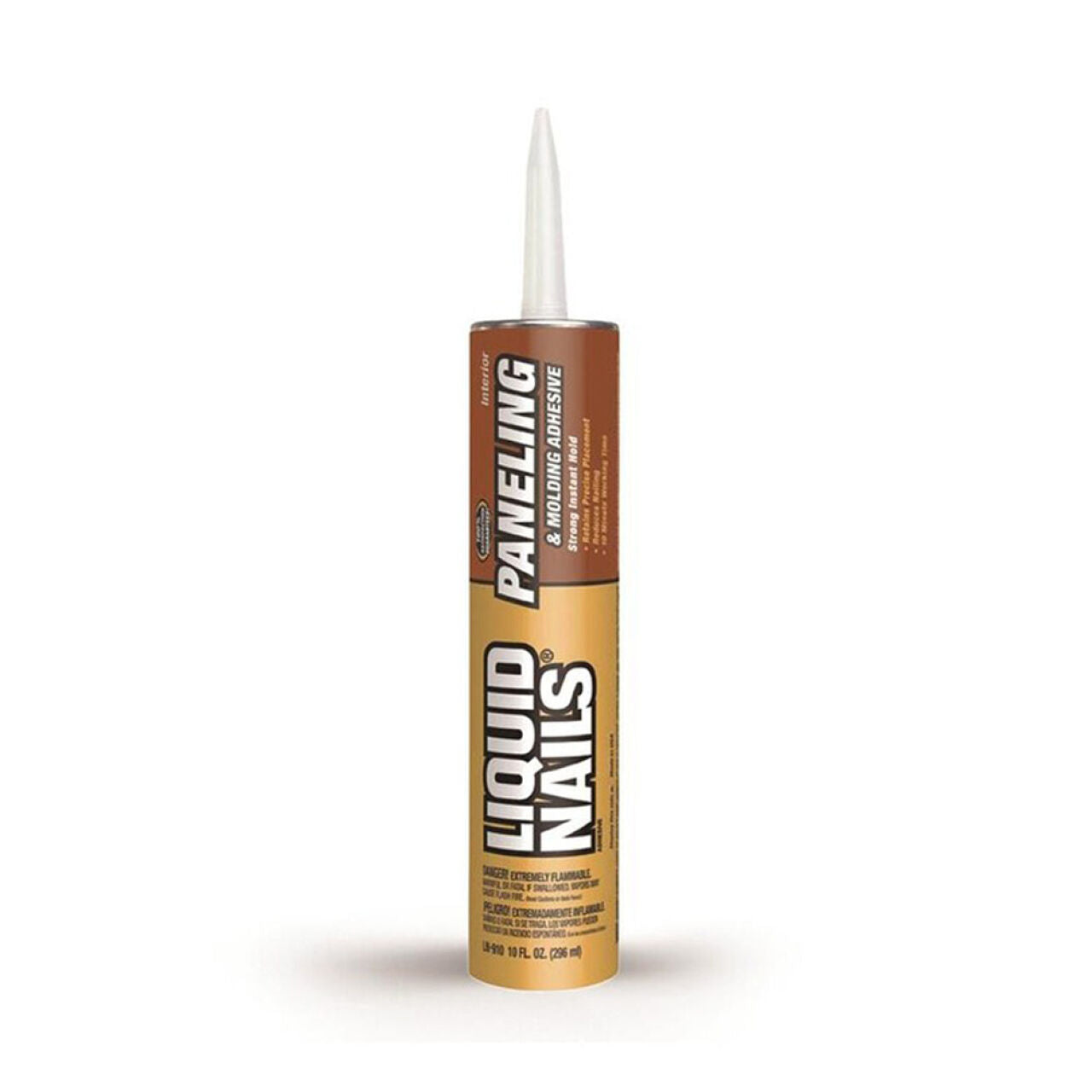 A 10 oz. tube of Go Build Paneling & Molding Construction Adhesive - Tan, featuring a pointed nozzle and brown-gold label, ideal for paneling projects; from Go Build, The Fastest Way To Build.